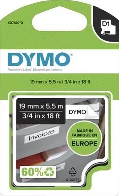 Produktbild von DYMO Original D1 Hochleistungs-Etikettenband | schwarz auf weiß |19 mm x 5,5 m | permanent haftendes Polyester-Schriftband | für LabelManager-Beschriftungsgerät
