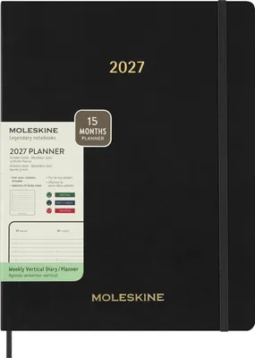 Produktbild von Moleskine 15 Monate Essential Wochenkalender 2026/2027, 1 Wo = 2 Seiten, vertikal, XXL, weicher Einband, Schwarz