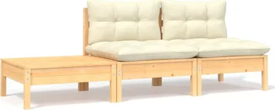 Produktbild von 3-tlg. Garten-Lounge-Set mit Kissen in Creme Massivholz Kiefer