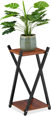 Immagine prodotto di Portafiori Relaxdays, a 2 ripiani con effetto legno, metallo, MDF, moderno tavolino per fiori, 57 x 29 x 29 cm, nero/marrone scuro