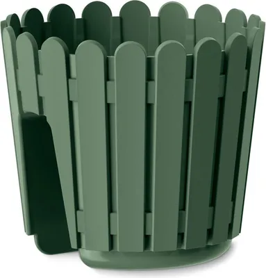 A green plastic planter with a picket fence design.