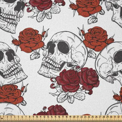 Produktbild von ABAKUHAUS Schädel Microfaser Stoff als Meterware , Retro- gotische tote HauptSkeleton Zahlen mit Rosen-Halloween-Thema gespenstisches Trippy romantisch, 10 M (230 x 1000 cm), Grau