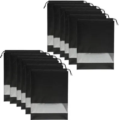 Produktbild von Ibenzoa® 12er Set Schuhbeutel 44 x 32 cm, transparente Sichtfenster, Vliesstoff, Kordelzug, wasserabweisend, waschbar, schwarz