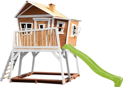 Produktbild von AXI Spielhaus Max mit Sandkasten & hellgrüner Rutsche | Stelzenhaus in Braun & Weiß aus Holz für Kinder | Spielturm mit Wellenrutsche für den Garten