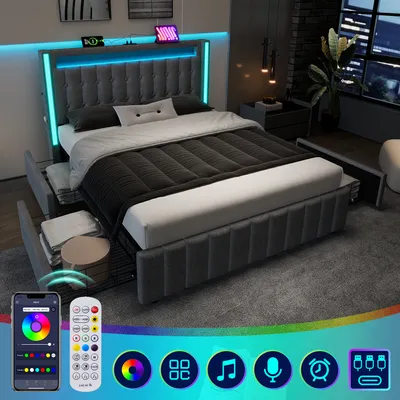 A modern bedroom with a grey upholstered bed featuring LED lighting and storage drawers, shown with a smartphone app and remote control.