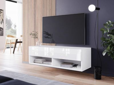 Minio, TV skrinka "ANNE", nízka skrinka, 100 cm, stojaca, závesná, biela matná / biela farba s vysokým leskom