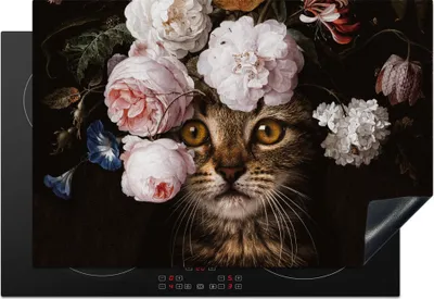 Produktbild von KitchenYeah© Herdabdeckplatte Katze - Blumen - Kunst , 78x52cm, Küche Deko, Glaskeramikkochfeld Herdabdeckung, Abdeckplatte fùr Kochfeld