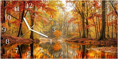 Produktbild von Wanduhr aus Glas mit Motiv Herbstwald am See- 60 x 30 cm - inkl. Aufhängesystem