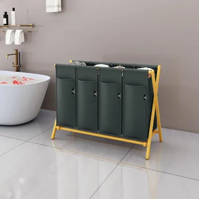 Produktbild von Bamboo Wäschekorb 2 Fächer 100 l - Schmutzwäschetrennsystem - Holz Wäschekorb - Deckel - X-förmige Regale - Grau - 200 l Wäschetrennsystem