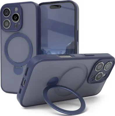 Produktbild von EAZY CASE - MagSafe Handyhülle für Apple iPhone 16 Pro, Ring zum Aufstellen, 360° drehbar, Magsafe Silikonhülle zum Aufstellen, stoßfest Cover in Blau