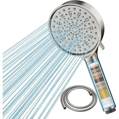 Productafbeelding van Douchekop met filter, handdouche met hoge druk en slang, 6 straalpatronen, waterbesparend, 20-laags filtratie, geborsteld nikkel