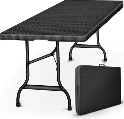 Obrázok produktu pre tillvex skladací záhradný stôl ratanového vzhľadu 180x75cm | bufetový stôl s rukoväťou | skladací stôl na záhradnú terasu a balkón | kempingový stôl pre 6 osôb