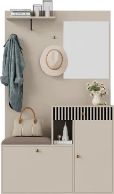 Produktbild von Garderobenset, Kompaktgarderobe, Flurgarderobe mit Spiegel und Polsterkissen, Flurschrank, Wohnwand, Regal, Flur- und Dielengarderobenpaneele, Schuhschrank, (B x H x T): 110 x 185,5 x 37 cm