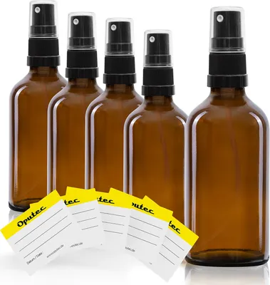 Produktbild von Oputec 5 x 50 ml Sprühflaschen aus Glas mit Zerstäuber + 5 Beschriftungs-Etiketten - Braunglasflaschen mit feinem Sprühkopf - Pumpspray-Flaschen