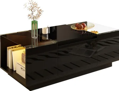 Zdjęcie produktu dla AIORBER Nowoczesny stolik kawowy z LED, szklany blat, 2 szuflady, schowek, wysoki połysk, minimalistyczny, 105 cm, czarny