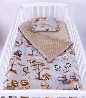 Produktbild von Babylux Babydecke 75x100 cm mit Kissen 30x35 cm – Kuscheldecke aus Minky & Baumwolle – Krabbeldecke für Kinderwagen, Babybett K149 - Beige + Dschungel