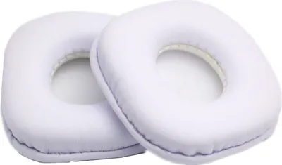 Two white ear pads for headphones are shown on a white background.
