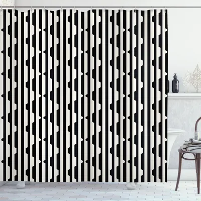 Produktbild von ABAKUHAUS Geometrisch Duschvorhang, Abstrakte Retro Komposition mit Linien Dreieck Motiven minimalistischen Design, 175 x 200 cm, Schwarz und Eggshell