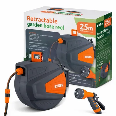 Obrázok produktu pre Záhradná hadica COIL, automatický navijak, montáž na stenu, funkcia Smart Stop, 9 režimov striekania, vrátane striekacej pištole, prívodná hadica 2 m, dĺžka 25 m