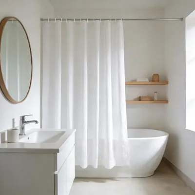Produktbild von Duschvorhang 180 x 180 cm, weiß, schimmelresistent, für Badewanne, Polyestergewebe, wasserabweisend, maschinenwaschbar, mit Metallösen, Breite 180 x Höhe 180 cm