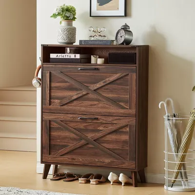 Image de Armoire à chaussures étroite avec 2 compartiments à rabat, couleur marron, dimensions 80x24x113 cm
