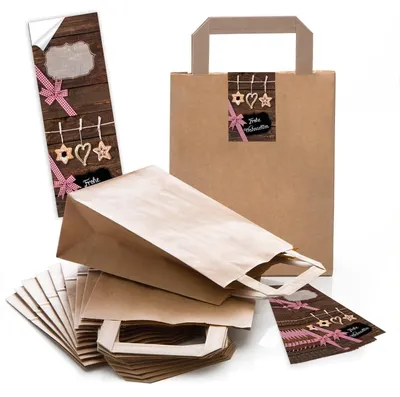 Produktbild von 10 braune Papiertüte Geschenk-tüte Weihnachtstüte Boden 18 x 8 x 22 cm kleine Papiertaschen + Weihnachts-Aufkleber FROHE WEIHNACHTEN rot kariert Verpackung Geschenke Plätzchen25 Stück