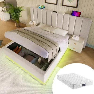 Obrázek produktu pro Postel s čalouněnou čelní stranou, rozměr 160x200 cm, dvoulůžko s úložným prostorem, ovládáním LED osvětlení a nabíjecí funkcí USB-C, rám postele s lamelovým roštem, barva: lněná, béžová, bez nočních stolků