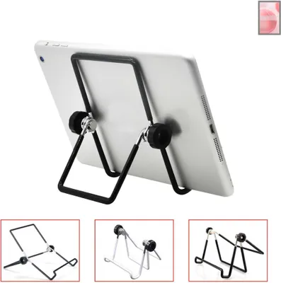 A tablet stand holding a tablet, with three smaller images of the stand in different configurations below.