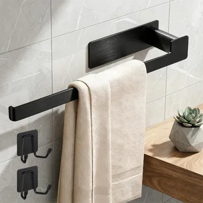 Obrázek produktu pro Černý samolepicí držák na ručníky - nerezová ocel - 33 cm s háčky