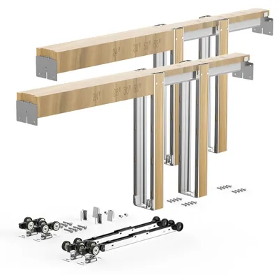 Image de VEVOR Cadre de porte coulissante pour portes de 1219-1829 mm de large & 2032 mm de haut, kit de système de porte coulissante en acier galvanisé & bois avec mécanisme de fermeture douce à deux voies & coulissement en douceur, pour le salon