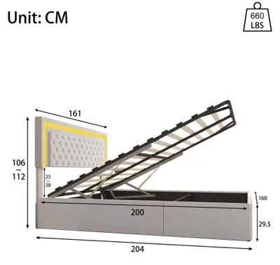 Image de Lit tapissier 160x200 cm - Lit double avec coffre de rangement hydraulique - Sommier à lattes - Éclairage LED - Velours beige - Sans matelas