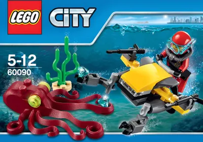A Lego City diver with a submersible vehicle encounters a large octopus and seaweed underwater.