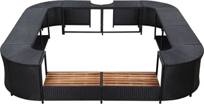 A black rattan whirlpool surround with a wooden slatted bench in the center, shown from a slightly elevated angle against a white background.