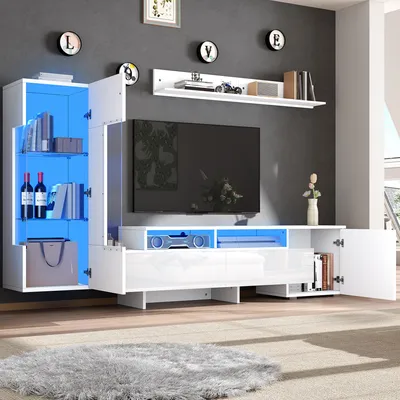 Produktbild von STILVORA Fernsehschrank 3-teilig mit LED-Beleuchtung und Hochglanz Front, TV-Schrank mit Türen und Schubladen und Wohnzimmermöbel Set für Wohnzimmer mit Acryltüren und Glastrennwand, Weiß