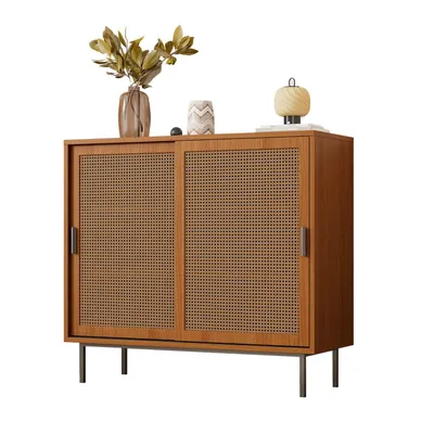 Produktbild von Sideboard Küchenschrank, Kommode Aufbewahrungsschrank mit 2 Schiebetüren und Verstellbare Ablage, Landhausstil Beistellschrank für Wohnzimmer