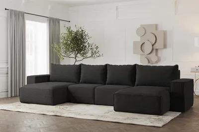 Produktbild von Wohnlandschaft U-Form Sofa ESTELLE mit Schlaffunktion in Stoff Poso Schwarz