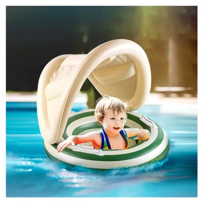 Produktbild von Baby Schwimmring mit Sonnenschutz, Verstellbarer Schwimmstuhl, Wasserliege für Kinder, 22,44x19,29 Zoll, Sicheres und Unterstützendes Design für Kleinkinder im Freien