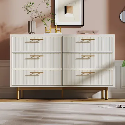 Image de Meuble de rangement - Commode - Table de chevet - Meuble de rangement - Bois massif, blanc - 6 tiroirs avec boutons dorés