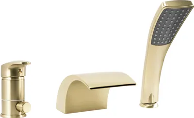 A set of gold-colored bathroom fixtures, including a faucet, a waterfall spout, and a handheld showerhead, displayed against a white background.