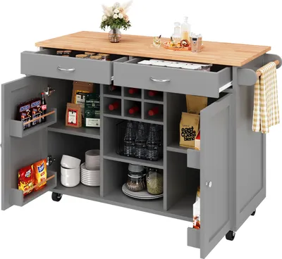 Zdjęcie produktu dla Sweiko Nowoczesna wyspa kuchenna (102 × 45 × 92 cm), szafka kuchenna, szafka bufetowa, wózek jadalny z słojami drewna, szafka bufetowa, wielofunkcyjny stół jadalny z miejscem do przechowywania, szary