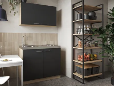 Produktbild von Küche Miniküche Singleküche Pantry Eiche Sägerau Schwarz Merle 100 cm Respekta