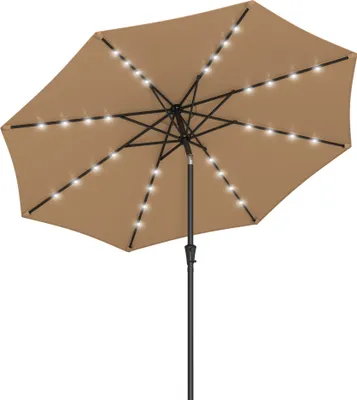 Produktbild von Songmics Sonnenschirm Taupe Ø 270/264 cm, H 241 cm, Mast Ø 38 mm, 6,5 kg, Kurbel, 32 Solar-LEDs, UV-Schutz UPF 50+, beidseitig 30° knickbar, wasserabweisend, Stahlrahmen, 180 g/m² Polyester, Zinklegierung, für Garten & Terrasse