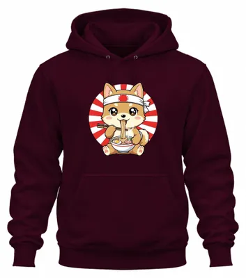 Productafbeelding van Kawaii Shiba Inu ramen noedels, Japanse anime, eten, Akita hoodie, sweater, bordeauxrood, maat L