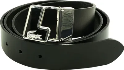 A black leather belt with a silver buckle is shown against a white background.