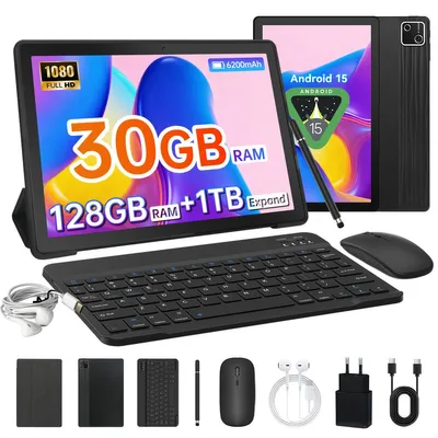 Produktbild von Tablet 2-in-1 mit Android 15, 10 Zoll IPS Display, 30 GB RAM, 128 GB, 6200 mAh Akku, inkl. Tastatur, Stift, Maus, Hš¹lle, Kopfh?rer