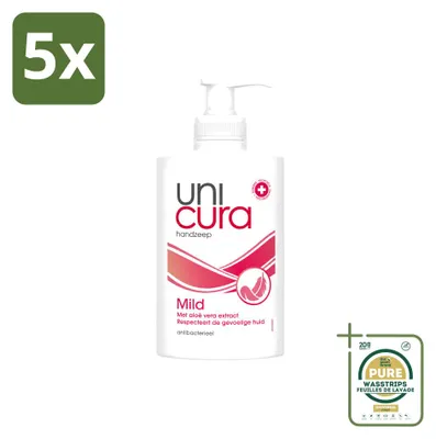 Productafbeelding van 5 x Unicura Antibacteriële vloeibare zeep, mild - 250 ml - Voordeelverpakking - 5 stuks