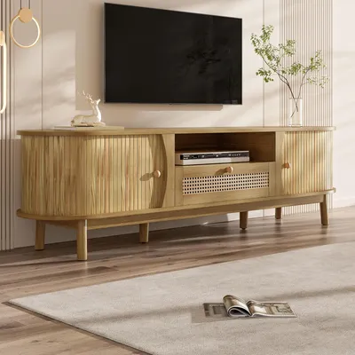Produktbild von okwish Rattan-TV-Schrank Fernsehschrank mit Schiebetür,TV-Sideboard mit abgerundete Ecken,Lowboard Fernsehbank mit Rattanschubladen,natur