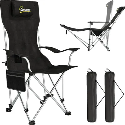 Image de Outsunny Lot de 2 chaises de camping pliante inclinable, chaise longue de pêche portable et légère avec repose-pieds amovible, sac de rangement, porte-gobelet et appui-tête, noir