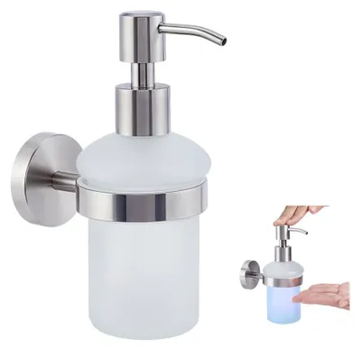 Image de Distributeur de savon mural en verre avec pompe en acier inoxydable - 200 ml