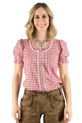 Produktbild von OS Trachten Damen Bluse Kurzarm Trachtenbluse mit Rundhalsausschnitt Poror, Größe:48, Farbe:mittelrot